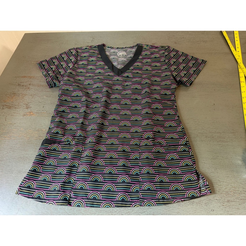 Divine Stretch by JDM Scrub Top Small Neon Rainbow Print V-Neck Medical Uniform